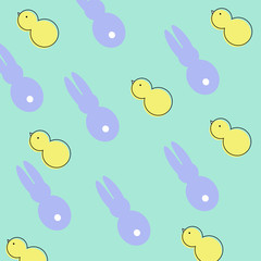 cute bunnies and chickens on a blue background.