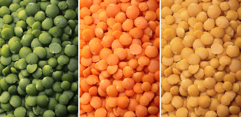 Green, yellow and orange lentils close-up.Texture .Selective focus.Types of lentils