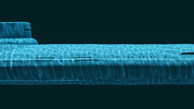 Close-up side view of russian navy Typhoon Akula class nuclear ballistic missile submarine moving past at great depth. Empty blue background at the final of clip. Realistic 3D animation rendered in 4K