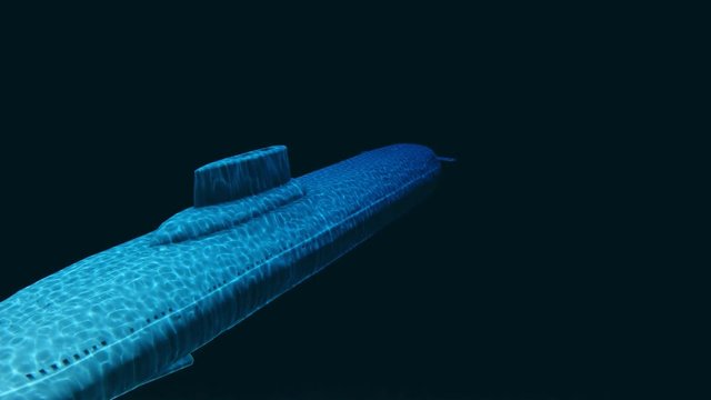 Gigantic russian navy Typhoon Akula class atomic ballistic missile submarine floats away in a dark blue water at great depth. Concept realistic 3D animation rendered in 4K