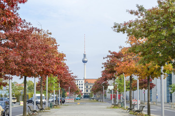 Jacob-Mierscheid-Steg and television tower in autumn in Berlin, Germany