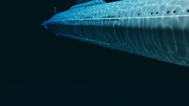 Russian navy Typhoon Akula class nuclear-powered ballistic missile submarine floating at a great depth. Blank dark blue background at the final of clip. Realistic 3D animation rendered in 4K