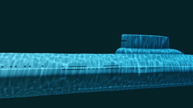 World&rsquo;s biggest submarine - soviet russian Typhoon Akula class nuclear ballistic missile submarine floating at a depth on dark blue background. Realistic 3D animation rendered in 4K