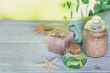 Spa products for facial and body care. Homemade soap, natural oil, sea salt