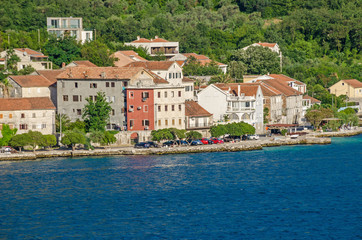 Fototapeta na wymiar A part of the waterfront of Prcanj in Montenegro