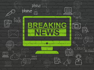 News concept: Painted green Breaking News On Screen icon on Black Brick wall background with Scheme Of Hand Drawn News Icons