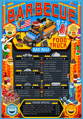 Fast food truck festival menu American BBQ Grill brochure street food poster design. Vintage party invite with hand drawn graphic. Vector food menu template for hipster flyer or board.