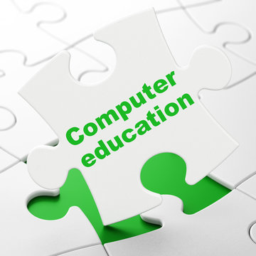 Studying concept: Computer Education on White puzzle pieces background, 3D rendering