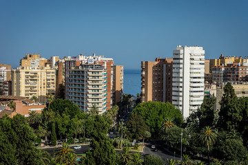 Fototapeta na wymiar City skyline of Malaga overlooking the sea ocean in Malaga, Spain, Europe