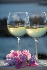 Two glasses with cold white wine served outside on terrace with pink tropical flowers, luxury resort with sea view, romantic vacation