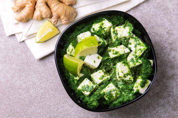 Traditional Indian cuisine. Homemade palak paneer. Copyspace, top view