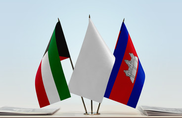 Flags of Kuwait and Cambodia with a white flag in the middle