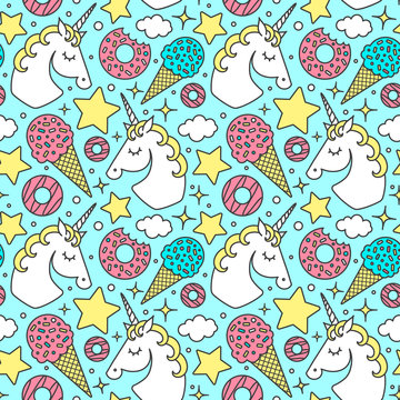 Seamless pattern with unicorn on blue background. Vector cartoon style cute character