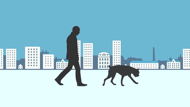 Man walking with dog in the city, animation