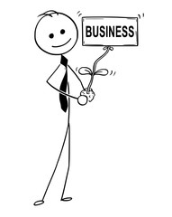 Cartoon stick man drawing conceptual illustration of businessman care about plant in his hand. Plant blooming flower as business text sign. Concept of investment, startup and success.