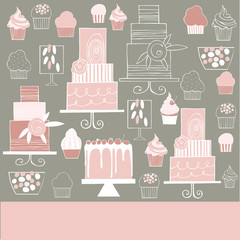 Vector background with hand drawn cakes and cupcakes. Wedding dessert bar with cake. Sweet table.