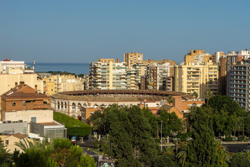 Fototapeta na wymiar aerial view of Malagueta district and La Malagueta Bullring in Malaga, Spain,