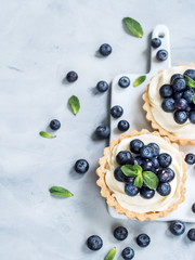 Vanilla tartlets with blueberry berries on light background.