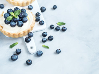 Vanilla tartlets with blueberry berries on light background.