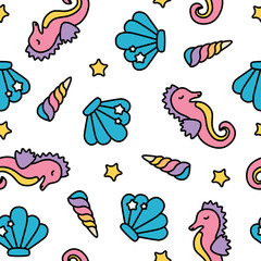 Cute rainbow pastel seahorse sea seamless pattern with unicorn horns © tereez