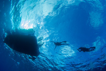 a silhouette shot of scuba divers returning to their boat in the calm tropical waters of Grand Cayman in the Caribbean. clouds can be seen in the sky from underwater