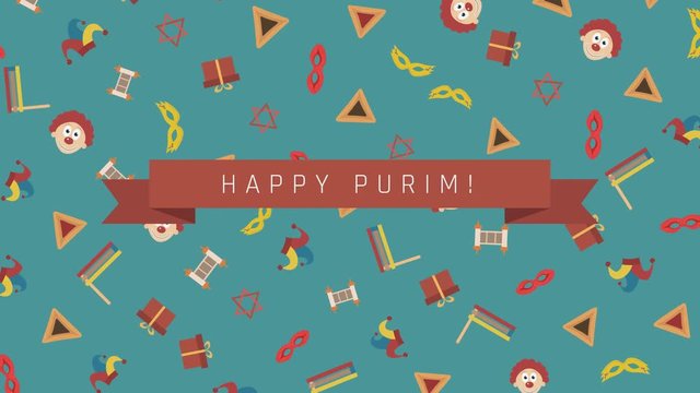 Purim holiday flat design animation background with traditional symbols and english text