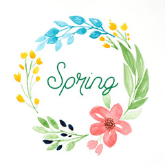Fototapeta na wymiar Spring on flowers wreath watercolors, Hand drawing flowers in watercolor style on white paper background, banner