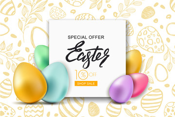 Happy Easter sale banner. Vector holiday frame with multicolor 3d Easter eggs on hand dawn doodle background. Design for holiday flyer, poster, party invitation.