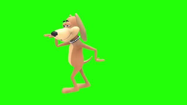 Happy smiling animated dog hound canine pooch mutt cartoon character does walk like an Egyptian dance moves multiple times in front of green screen background