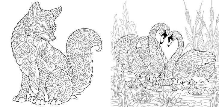 Coloring Page. Adult Coloring Book. Wild Fox animal. Swan birds couple for Valentines or Family Day vintage greeting card. Antistress freehand sketch collection with doodle and zentangle elements.