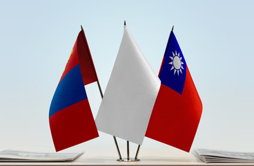 Flags of Mongolia and Taiwan with a white flag in the middle