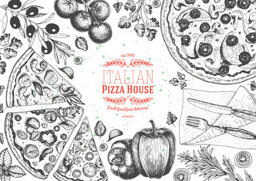 Italian pizza top view frame. Italian food menu design template. Vintage hand drawn sketch vector illustration. Engraved style