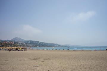 A hill overlooking the sandy Malagueta beach at Malaga, Spain, Europe