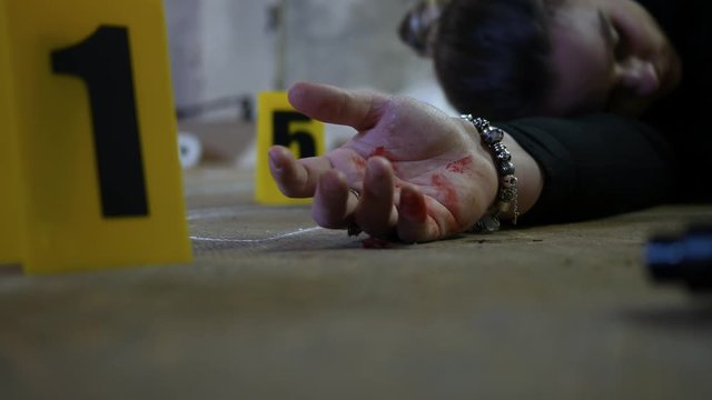 Active Crime Scene around a dead female body with evidence markers