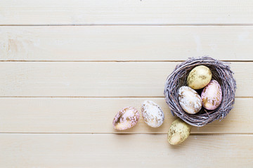 Spring easter tulips in bucket on white vintage background.