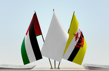 Flags of Palestine and Brunei with a white flag in the middle