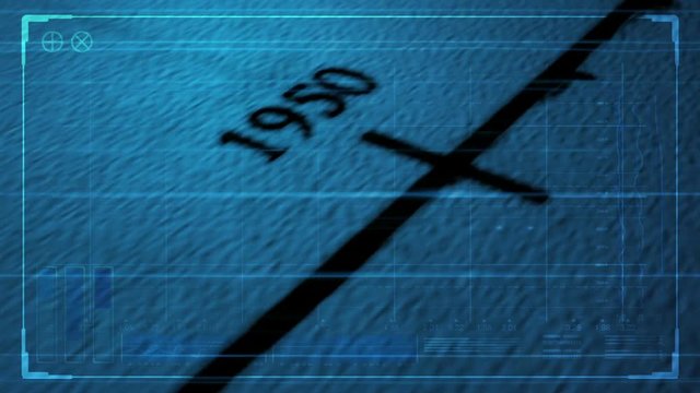 A pan across the progression of a time line inked onto paper showing years in chronological order from the past into the future overlaid with a blue tinted futuristic technical data analysis interface