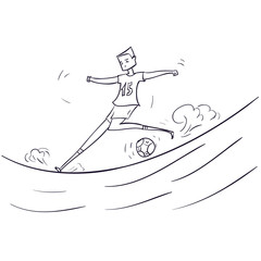 Hand Drawn Cartoon Running Soccer Player with Ball. Vector