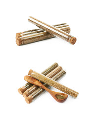 Herbal spices in a glass vial isolated