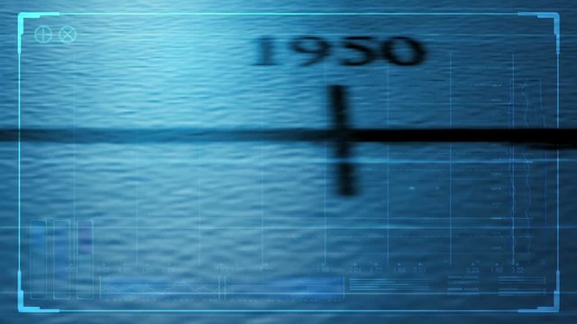 A pan across the progression of a time line inked onto paper showing years in chronological order from the past into the future overlaid with a blue tinted futuristic technical data analysis interface