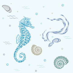 Under the sea.Marine seamless pattern, vector hand drawn vintage illustration of seahorse, starfish, coral springs and seashell.