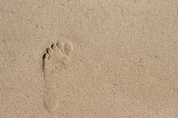 Fototapeta na wymiar Bare foot print on white sand. Female barefoot print on beach sand.