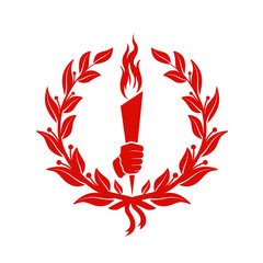 hand with a torch among the leaves of the laurel.