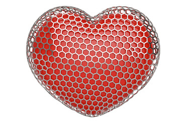 Red heart in hexagonal steel mesh.3D illustration.