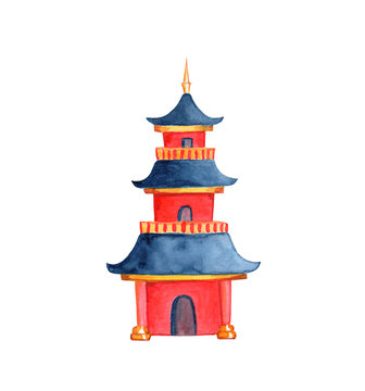 recommend clip art: Chinese pagoda on white background. Taoist or buddhist temple watercolor illustration.