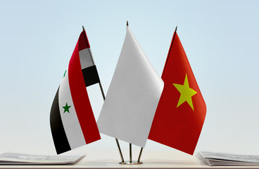 Flags of Syria and Vietnam with a white flag in the middle