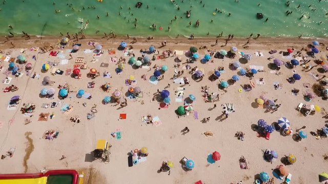Aerial view of the beach filled with people on a hot sunny day. Sun umbrellas stand in yellow bright sand. People rest and sunbathe on the beach on a summer day near the ocean.
