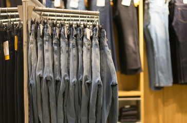 closeup of jeans in a shop.