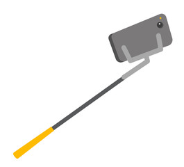Smartphone mounted on an adjustable clamp on the end of extensible selfie stick vector cartoon illustration isolated on white background