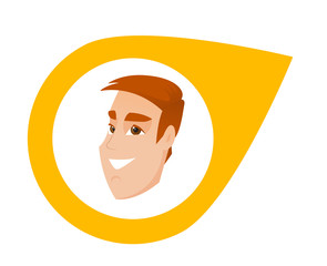 Yellow map pointer with male human head vector cartoon illustration isolated on white background.